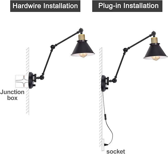 TRLIFE Plug in Wall Sconces, Dimmable Wall Sconce Swing Arm Wall Lights Plug in, Adjustable Wall Mounted Light Wall Lights with 6FT Plug in Cord, E26 Base(Two Arms, 2 Pack)