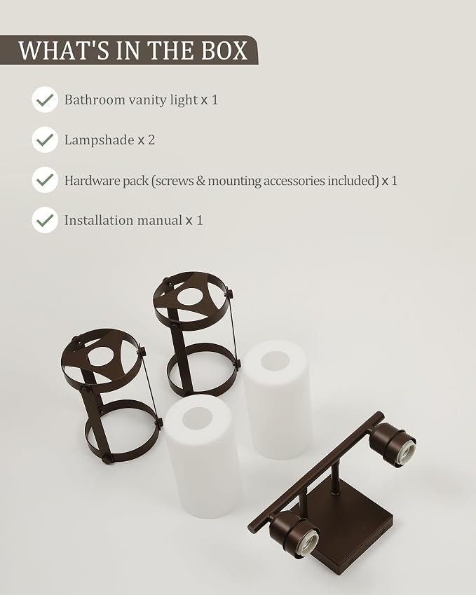 2-Light Oil Rubbed Bronze Bathroom Light Fixtures Over Mirror with Frosted Milk Glass and Metal Cage Shade, 13.2" UL-Listed Modern Farmhouse Wall Sconce for Bath, Hardwire E26, OS-3014ORBW-2W