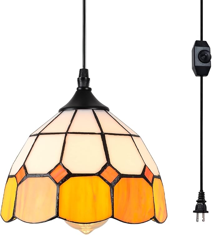 Tiffany Hanging Pendant Light - Dimmable Mini Plug in Light Fixture, Perfect Vintage Swag Ceiling Lamp for Dining Room, Bedroom or Porch,16.4 Ft Hanging Cord, 7.9" Width