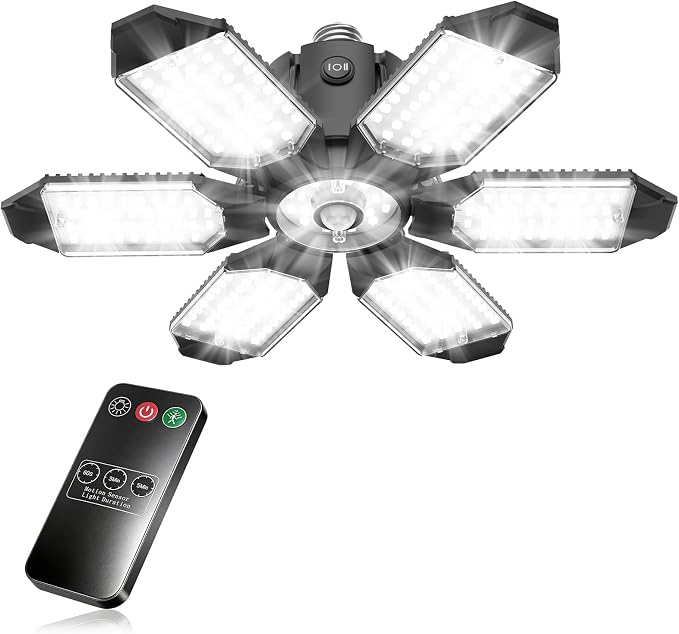 TANBABY Remote PIR Garage Light, 1 Pack, 6+1 Ceiling Light, 30000LM 6500K | Remote PIR Sensor with ON/OFF/AUTO Modes, 30/60/120s Timer, E26 Base, and 6+1 Adjustable Panels for Garage Use
