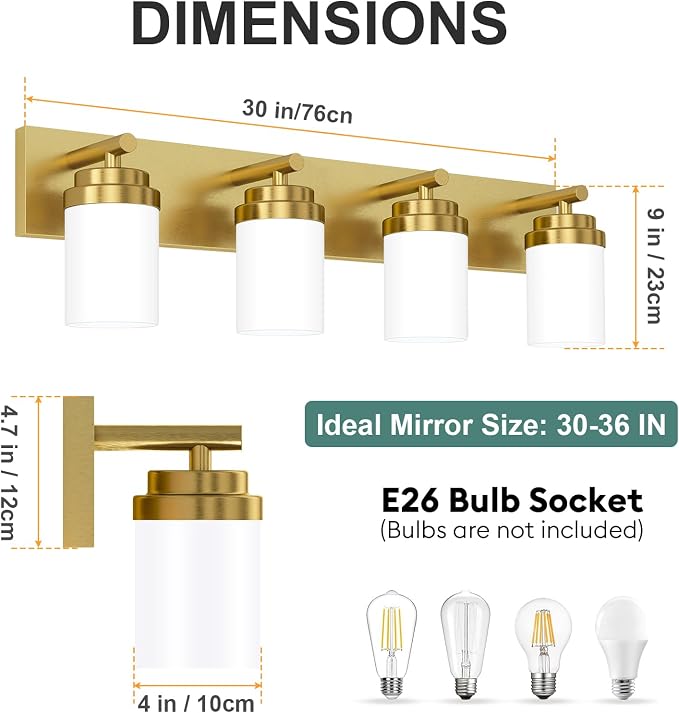 IZORRO Bathroom Vanity Light Fixture, 4-Light 30 Inch Gold Bathroom Light Fixtures Over Mirror, with White Glass Shade, Modern Farmhouse Vanity Lights, Rustic Restroom Lighting Fixtures
