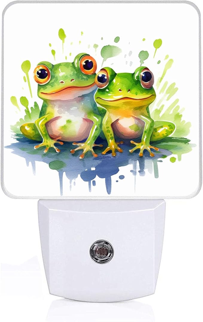 Watercolor Two Frogs Night Light, Plug-into Wall Nightlight Lamp with Dusk to Dawn Sensor, Led Lamp 0.5W Energy Efficient for Boys Girls Adults Home Decor