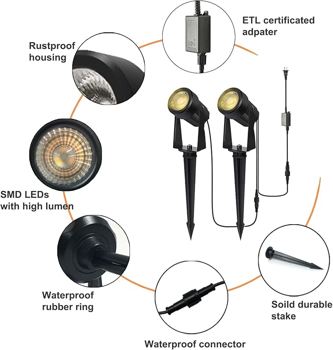 SUNTHIN 10 Pack Outdoor Landscape Lights with Transformer, LED Spotlights | Low Voltage Yard Lighting, Extendable Landscape Ground Lights, IP65 Waterproof Outdoor Spot Lights for Garden, Trees & House