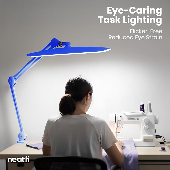 Neatfi XL 2200 Lumens 24W LED Desk Lamp – Shadow-Free Task Lighting | 4-Level Dimming | Home Office & Crafts Use | 20-Inch Wide Head (Sapphire Blue, Non-CCT with Clamp)