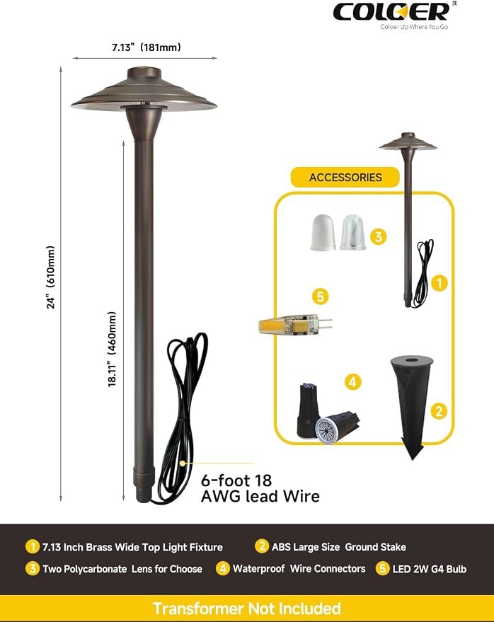 COLOER Brass Low Voltage Walkway Lights for Outside 1-Pack G4 Bulb (601B) | 9-17V AC/DC 2W 2700K Warm White, Bronze Finish, 7.13'' Shade 24'' Tall, Heavy Duty LED Landscape Path Lights Outdoor Wired