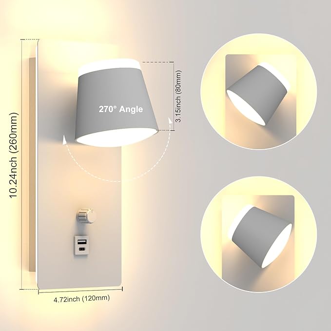 Dimmable LED Wall Sconce with USB&C Ports-5 Color Temperature (2700K-6000K) Plug-in Bedside Reading Light,Up&Down Wall Mounted Lamp for Bedroom,Living Room,Hallway-Modern Home Decor (1 Pack)