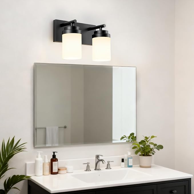 IZORRO Bathroom Vanity Light Fixture, 2-Light 15 Inch Matte Black Bathroom Light Fixtures Over Mirror, with White Glass Shade, Modern Farmhouse Vanity Lights, Rustic Restroom Lighting Fixtures