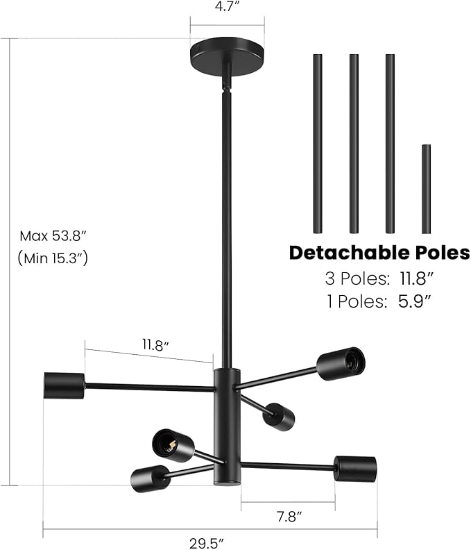 Modern Sputnik Chandeliers Light, 6-Light Black Chandeliers for Dining Room, Height Adjustable Ceiling Lights Farmhouse Chandelier for Kitchen Island Living Room Bedroom Visit The Store