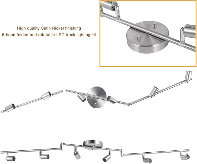 AIBOO 6-Light Adjustable Dimmable Track Lighting Kit, Flexible Foldable Arms,Satin Nickel Kitchen,Hallyway Bed Room Lighting Fixture, GU10 Base Bulbs not Included