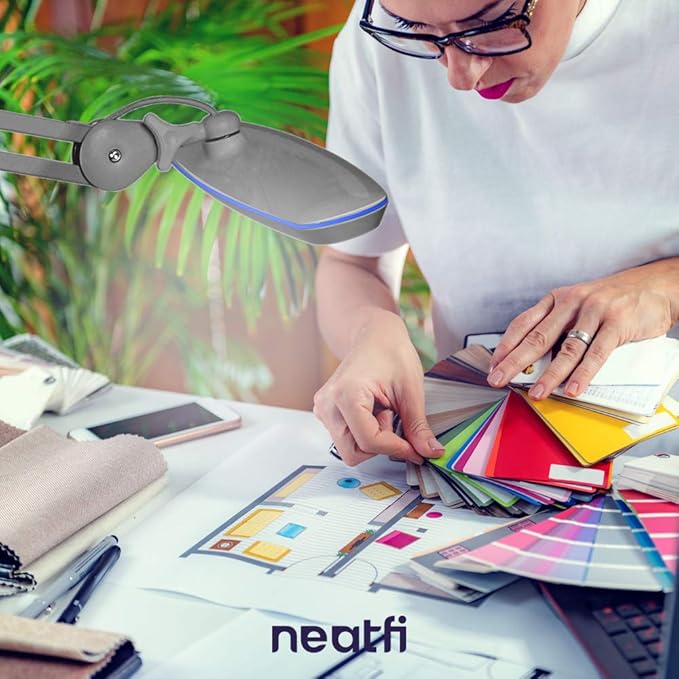 Neatfi XL 24W LED Desk Lamp with Base – 2,200 Lumens | 23” Wide Shade | Dimmable Eye-Caring Task Light | Adjustable Arm | Office, Study, Crafting & Nail Techs (Non-CCT with Base, Silver)