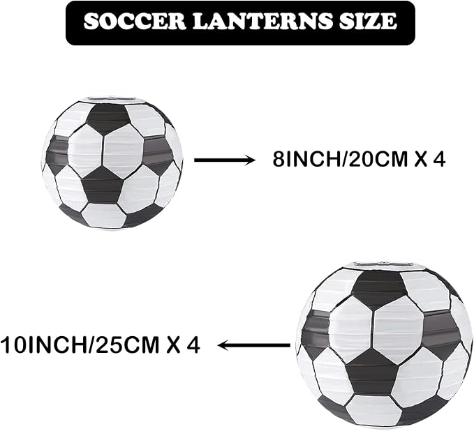 ZOOYOO Soccer Paper Lanterns, 8 Pack Sports Themed Hanging Lanterns for Soccer Birthday Party,Match Day Decorations,Classroom and Nursery Decor, 8 and 10 Inch Round Black and White Lanterns