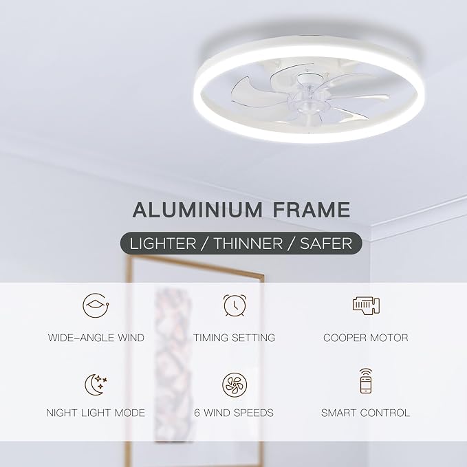 Ceiling Fans with Lights,20" Low Profile Ceiling Fan with Remote Control, Modern Flush Mount Ceiling Fan,White Fan Light for Bedroom, Living Room,Kitchen,Small LED Ceiling Light Fixture