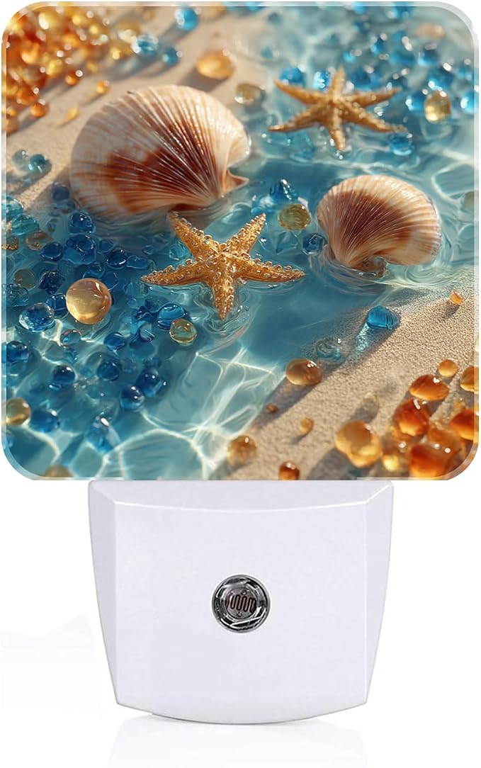 Starfish and Seashell On Beach Night Light,Plug-in Night Lights with Dusk-to-Dawn Sensor for Stairway,Hallway,Bedroom Sleep Friendly Ideal for Women/Girls/Boys Gift,0.5w