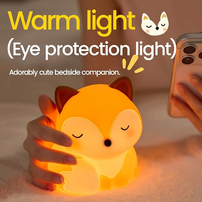 Fox Night Light Silicone Squishy Animal Lamp with 30 Min Auto Timer | 3 Level Dimmable Bedside Nightlight with Tap Control Office Desk Ambient Lamp Unique White Elephant Gifts