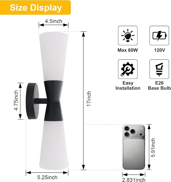 Wall Sconces Set of 2 for Bathroom, Modern Indoor Vanity Light Fixtures 17", Up Down Lighting, Wall Mount Lamp for Living Room Bedroom Hallway Stairway Fireplace Mirror E26 Base 2PC White&Black