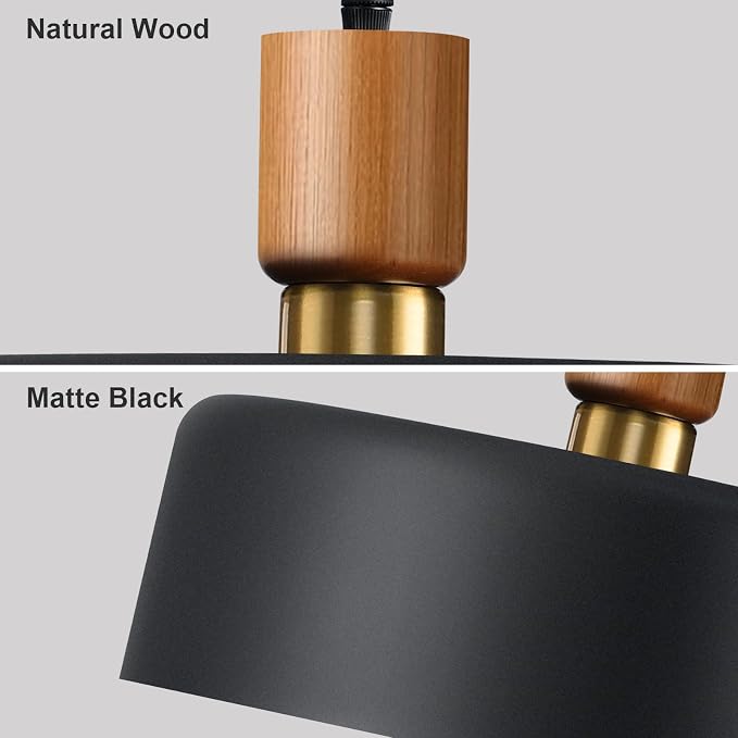 15.8" Black Pendant Light, Large Oversized Walnut Oak Wood & Brass Drum Shade