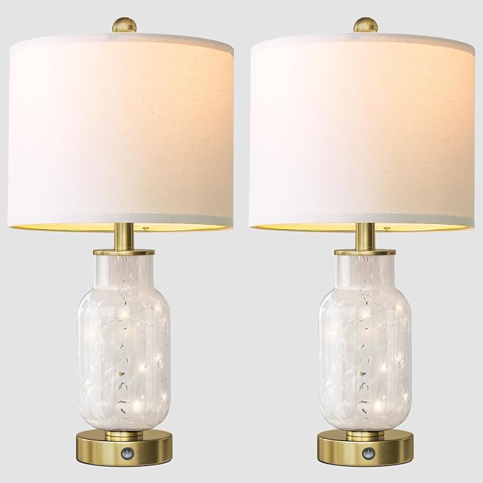 22" Glass Table Lamps Set of 2, White Modern Bedside Lamp with LED Night Light for Living Room, Nightstand Lamp with USB Ports for Bedrooms, Study Room, End Table(2 Bulbs Included)