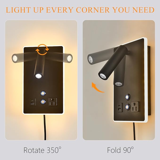 Dimmable Plug in Wall Sconce with Touch Switch,Headboard Bedside Wall Lamp,Multifunction Wall Light with USB C+A Ports,Adjustable Wall Mounted Reading Light,3 Color Temperature(Black)