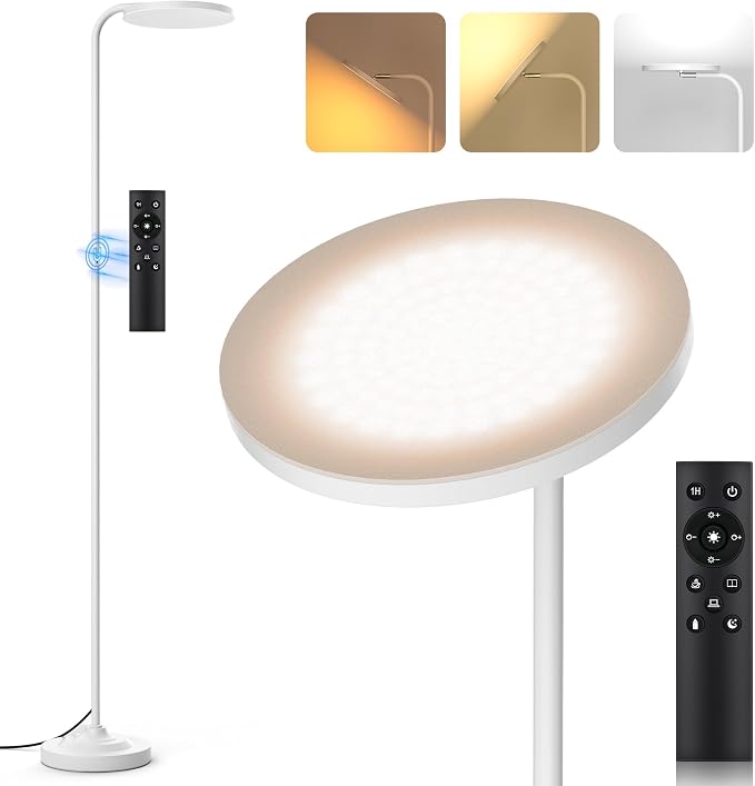 36W LED Floor Lamp, Super Bright Standing Lamp, Modern Stepless Dimmable Torchiere Tall Lamp with Remote Control, 350°Rotating Head Reading Floor Lamp for Living Room, Bedroom, Office