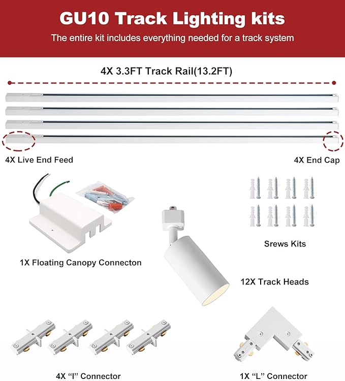 12-Light LED Track Lighting Kit with 13.2FT H Type Track Lighting Rails and Floating Canopy Connector, Modern Kitchen GU10 Track Lighting Fixtures Ceiling Spot Light, White (No Bulbs)