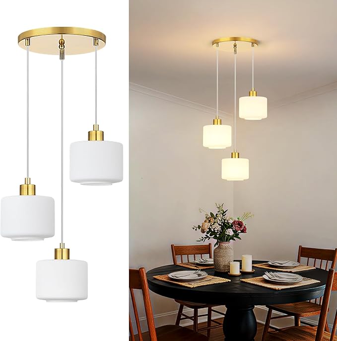 Brushed Gold Dining Room Chandelier Light Fixture, 3-Light Pendant Lighting with Milk Glass, Modern Kitchen Island Cluster Hanging Pendant Lights for Kitchen Dining Room, OS-YQ8153-3BGW