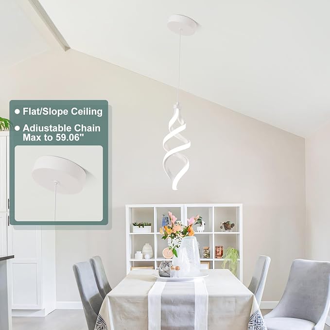 Modern Led Pendant Light Fixture, 15W White Spiral Led Chandelier Hanging Lamp, 4500K Daylight White Pendant Lamp, Adjustable Height Pendant Light for Kitchen Dining Room Bedroom Kitchen Island Cafe