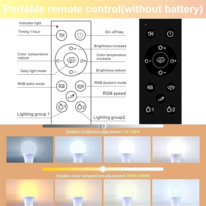 GRV 9W A60 LED Smart Light Bulbs with a 2.4GHz Remote Control,Color Changing,Stepless Dimmable 3000K-6500K,80W Incandescent Lamp Equivalent,800LM E26 Base,Home Decor,2 Bulb & 1 Remote