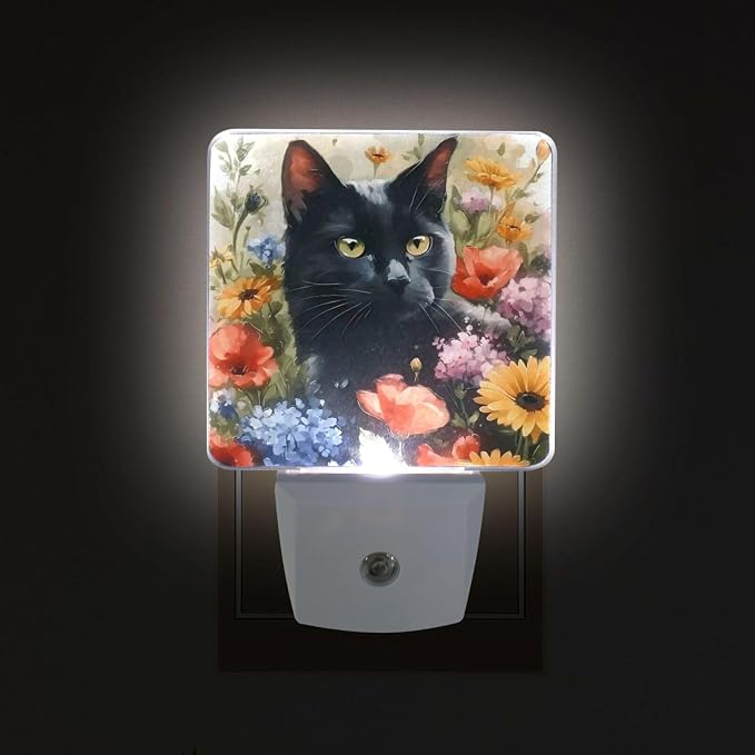 Black Cat with Flower Night Light Dusk to Dawn Sensor LED Night Dimmable Nightlight Lights Plug into Wall for Living Room