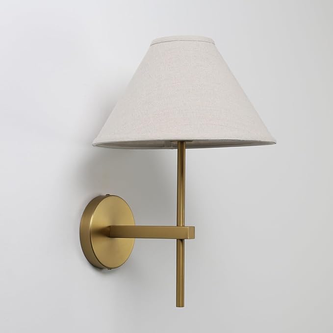 Pathson Hardwired Linen Wall Sconce Big Cone Fabric Lampshade, Vintage Wall Vanity Light Fixture Upwards Install, Indoor Bedside Lamp Victorian Decor for Living Room, Stairwell, Fireplace, Foyer