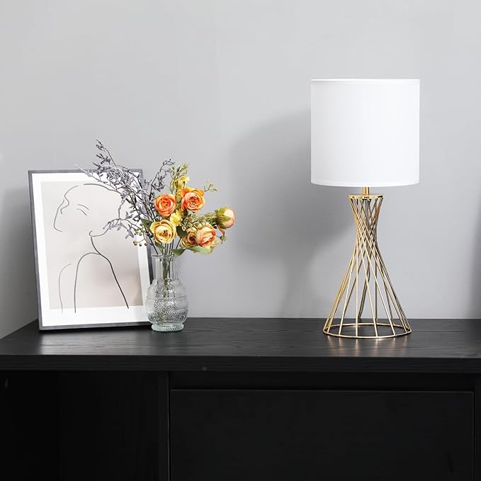 Gold Table Lamp, Small Cute Gold Desk Lamp, Nightstand Lamp, Modern Bedside Lamp with White Fabric Shade, Metal Geometric Hollow Out Base Lamps for Living Room Bedrooms Kids Room