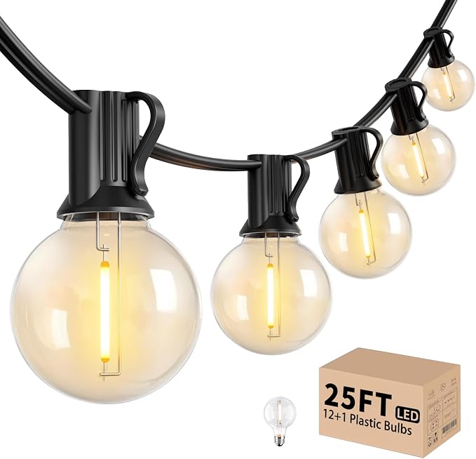 LACHON Outdoor String Lights Waterproof 25 FT with 12 G40 IP65 Bulbs | Dimmable,Connectable,Shatterproof,2700K Warm White,Perfect For Any Outdoor Space,Patio,Backyard,Cafe,Bistro,Porch,Market