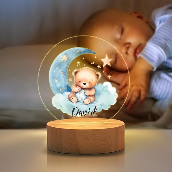 Personalized Bear Night Light - Custom Name, Cute Acrylic LED Light Lamp with Wooden Base for Bedroom Decor, Gifts for Kids Girls Boys