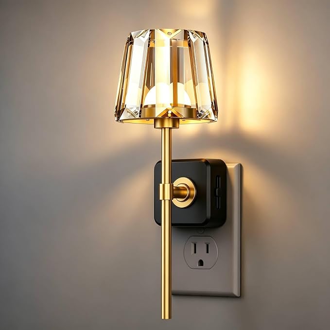 LED Night Lights Plug into Wall, Decorative Crystal Nightlights | Night Light 180° Rotating Plug in，Dusk to Dawn Sensor,0-100LM Dimmable, Crystal Wall Sconces for Bedroom Hallway Living Room