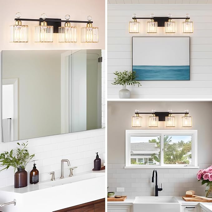 Bathroom Vanity Lights Over Mirror - Easy Installation with Clear Guide, 4-Light Shadow-Free Design, Black and Gold Crystal Finish - for Modern Home Bathroom Lighting Fixtures in DIY Projects
