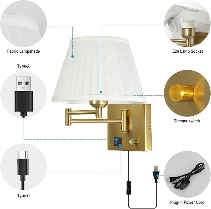 Plug in Wall Lamp for Living Room Bedroom Bedside, Bulb Included | Wall Sconce with USB C+A Charging Ports, Adjustable Swing Arm 270°, Adjustable Color Temperature, White Fabric Cone lampshade