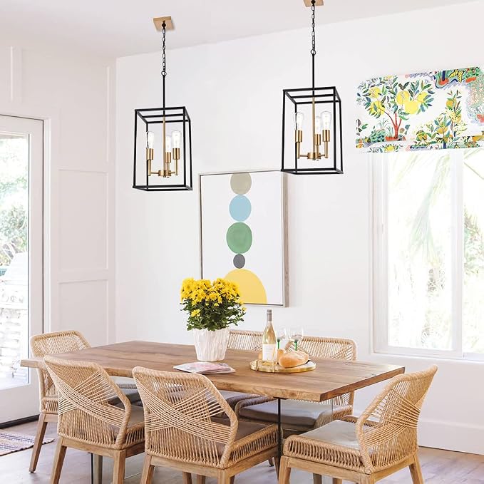3 Light Vintage Industrial Pendant Light, Lantern Cage Chandelier in Black and Brushed Brass Finish Classic Hanging Kitchen Lighting for Foyer Dining Room Kitchen Island, Bedroom