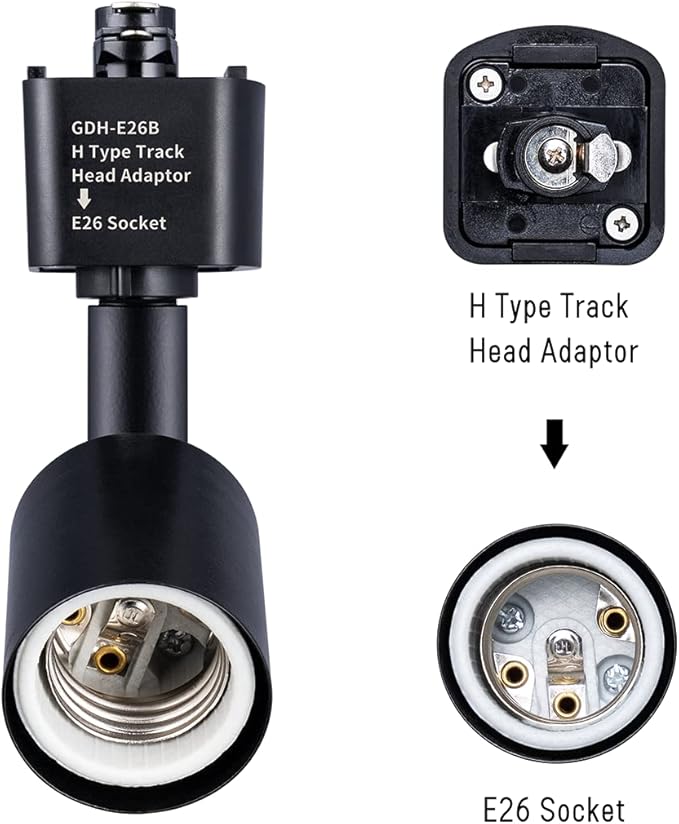 mirrea H Type Track Lighting Head to E26 Medium Screw Base Adapter Light Direction Adjustable Pack of 3 (Black)