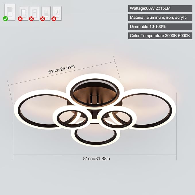 Modern LED Ceiling Light 31" 68W 2315LM Ceiling Light for Bedroom | 3000-6500K Remote Control APP Adjustable Color Temperature Brightness Memory Function Night Light Living Room Kitchen Timer