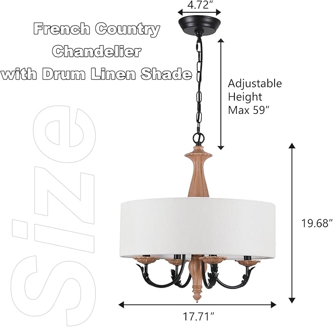 17.3" French Country Modern Drum Chandelier Light Fixture Mid Century Framhouse Chandelier with Linen Shade Vintage Distressed Wood Chandelier for Dining Room,Living Room,Kitchen,E12