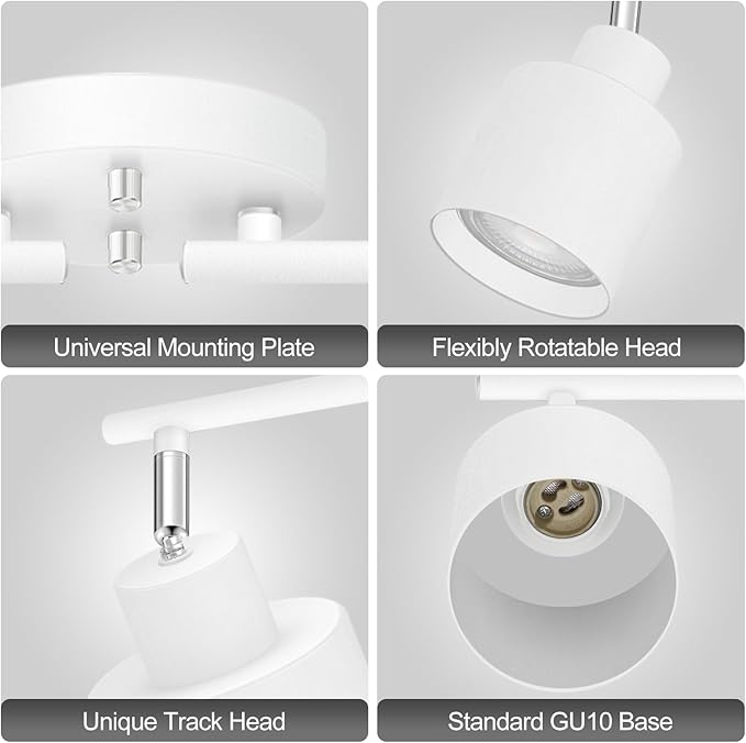 4-Light Led Track Lighting,White Ceiling Lighting Fixtures,Wall Sconces Ceiling Spotlight with Foldable Light Arms for Kitchen, Closet, Bedroom,GU10 Socket, Bulbs Not Included