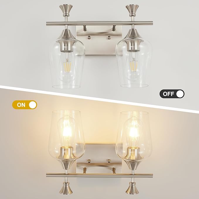 Bathroom Light Fixtures (2-Light, 14 Inch), Brushed Nickel Vanity Lights for Bathroom with Clear Wine Glass Glass Shade, Modern Vanity Wall Lights for Mirror Bedroom Living Room Kitchen Hallway Porch