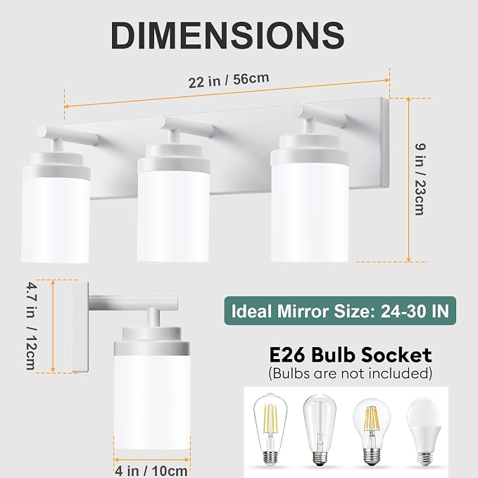 IZORRO Bathroom Vanity Light Fixture, 3-Light 22 Inch White Bathroom Light Fixtures Over Mirror, with White Glass Shade, Modern Farmhouse Vanity Lights, Rustic Restroom Lighting Fixtures