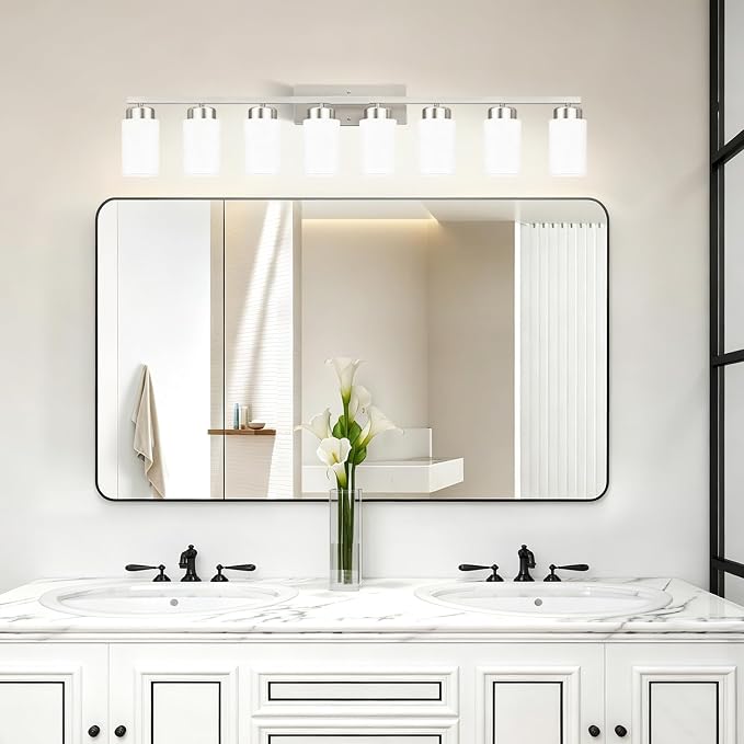 IZORRO Modern Bathroom Light Fixtures, 8 Light Brushed Nickel Vanity Lights, Bathroom Lighting Fixtures Over Mirror with White Glass for Living Room Cabinet Bedroom