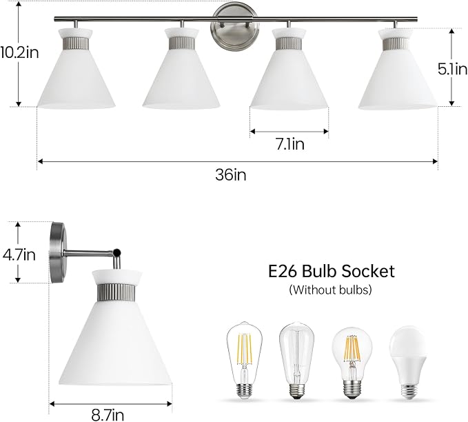 WOSHITU Bathroom Light Fixtures: Brushed Nickel 4 Lights Bathroom Vanity Lights Over Mirror with Milky White Frosted Glass Shade, 36 inch Farmhouse Vanity Lighting Sconce (Exclude E26 Bulb)