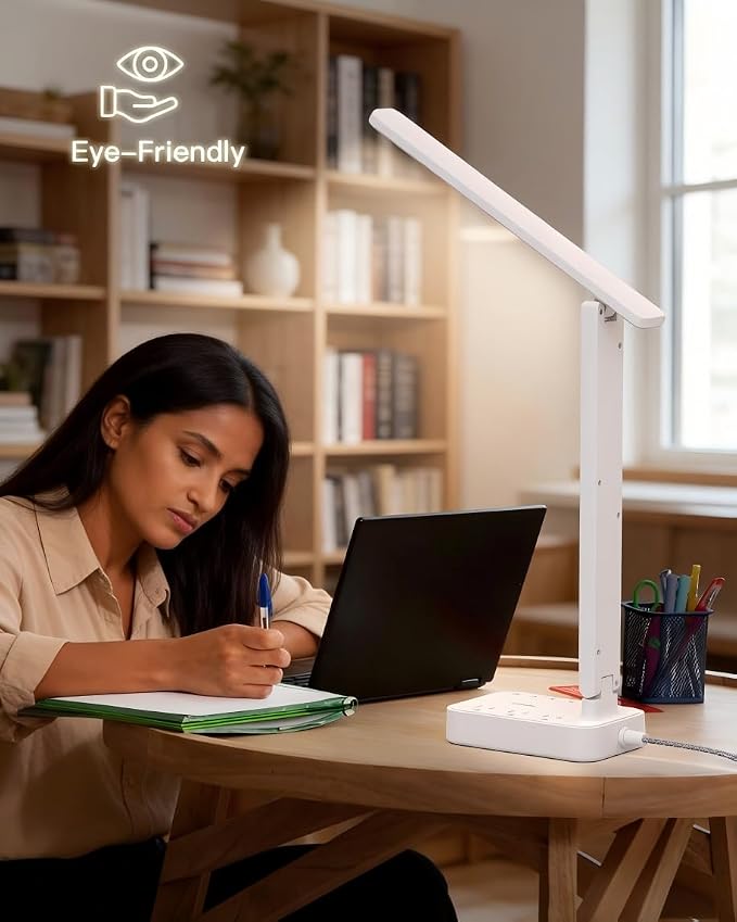 Addtam LED Desk Lamp, Power Strip with 3 Outlets 4 USB Charging Ports(2 USBC), 4 Modes 5 Level Brightness Touch Lamp, Small Desk Lamp for Home Office College Dorm Room Essentials, White
