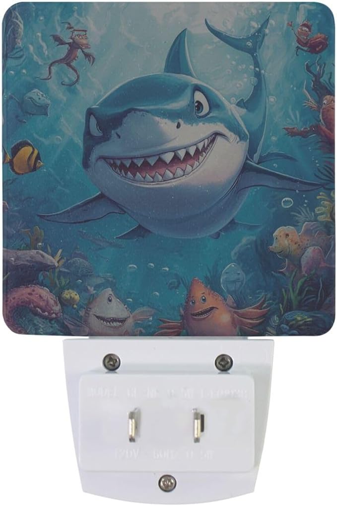 Cartoon Shark in Ocean Night Light Dusk to Dawn Sensor LED Night Dimmable Nightlight Lights Plug into Wall for Living Room