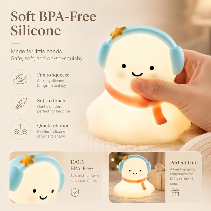 Snow Baby Night Light for Kids, Silicone Squishy Lamp, 3-Level Dimmable Touch Bedside Light, USB Rechargeable Nursery Lamp for Baby Bedroom, Birthday Christmas Gift
