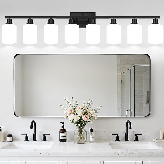 Indoi 8-Light Bathroom Light Fixtures, Matte Black Modern Vanity Lights with Milky White Shades, Bathroom Wall Lamp for Mirror Living Room Cabinet Bedroom Porch