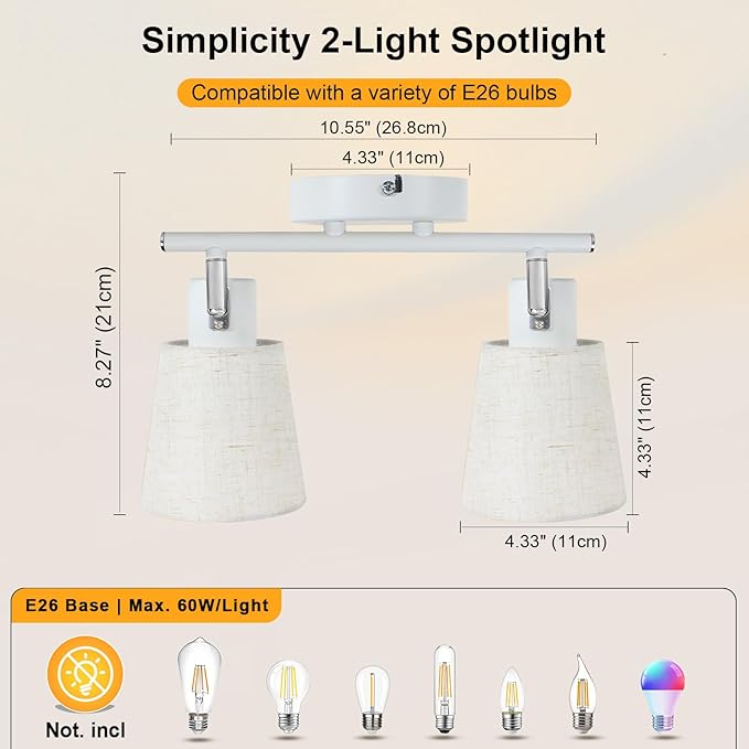 LTBLIGHT 2-Light Track Lighting, Flexible Adjustable Ceiling Light with White Linen Shade, Simplicity Spotlight for Bedroom Art Display Vanity, E26 Base (Bulbs Not Included)