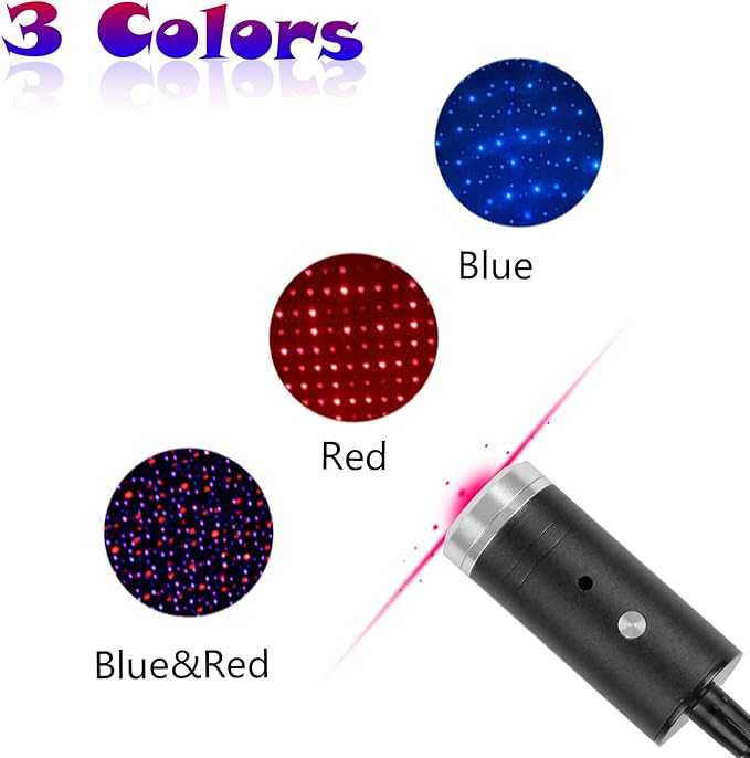 USB Star Light Sound Activated, 3 Colors + 9 Functional Modes, Aevdor Car Ceiling Interior Light, Romantic USB Night Light Decorations for Home Car Room Party Ceiling,Plug and Play (Red&Blue)